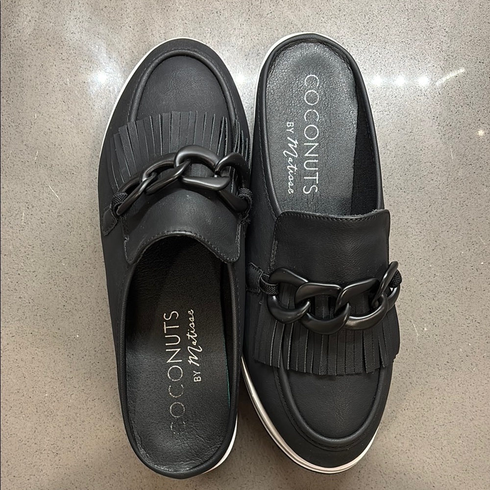 Coconuts by Matisse Black Mules with Chain Detail